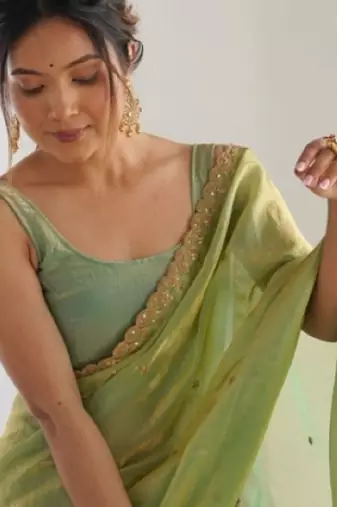 Lime embellished sequinned satin designer saree