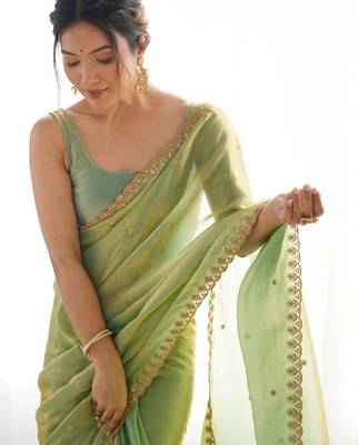 Lime embellished sequinned satin designer saree 5