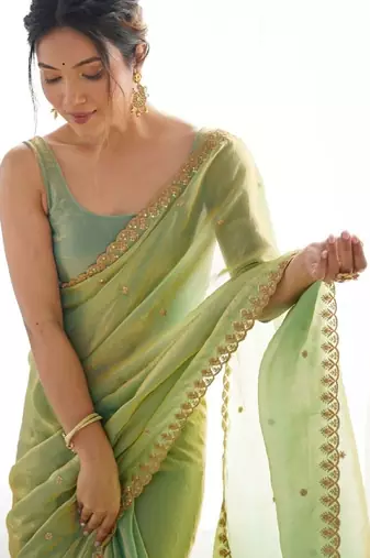 Lime embellished sequinned satin designer saree
