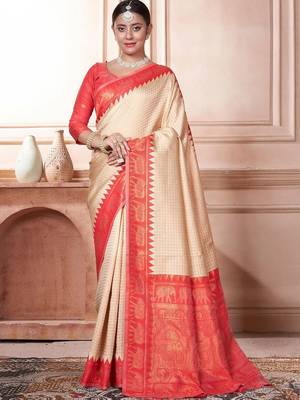 Beige woven design zari kanjeevaram saree 1
