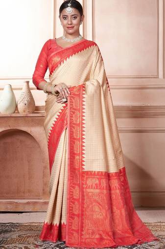 Beige woven design zari kanjeevaram saree