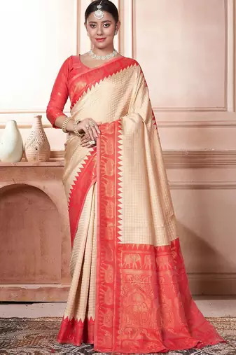 Beige woven design zari kanjeevaram saree