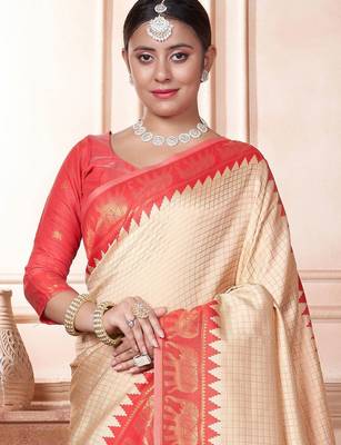 Beige woven design zari kanjeevaram saree 2
