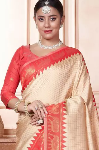 Beige woven design zari kanjeevaram saree