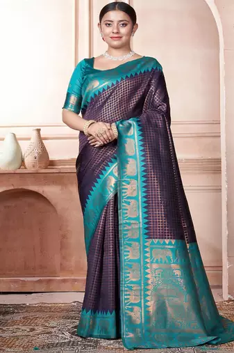 Navy blue woven design zari embroidered kanjeevaram saree