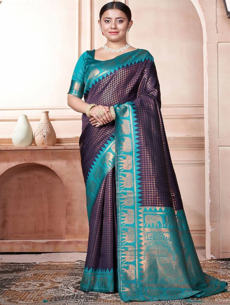 Navy blue woven design zari embroidered kanjeevaram saree