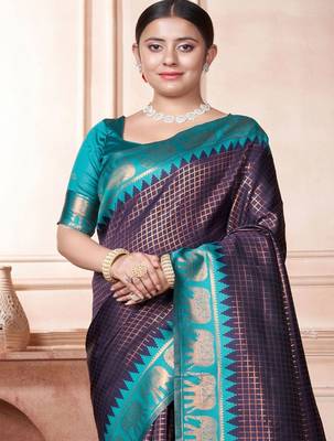 Navy blue woven design zari embroidered kanjeevaram saree 2