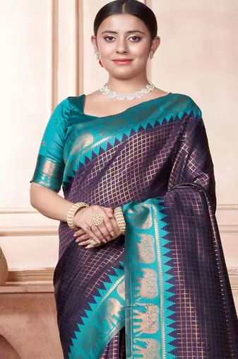 Navy blue woven design zari embroidered kanjeevaram saree