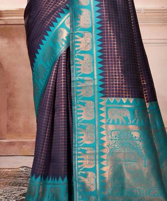 Navy blue woven design zari embroidered kanjeevaram saree 3