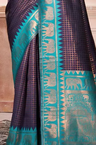 Navy blue woven design zari embroidered kanjeevaram saree