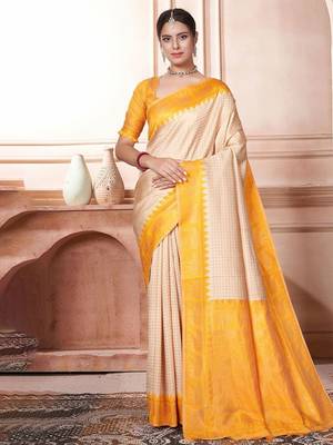 Cream woven design zari kanjeevaram saree 1