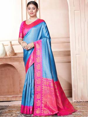 Blue woven design zari kanjeevaram saree 1