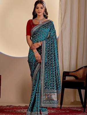 Teal bandhani embroidered silk blend designer saree 1