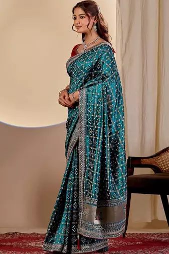 Teal bandhani embroidered silk blend designer saree