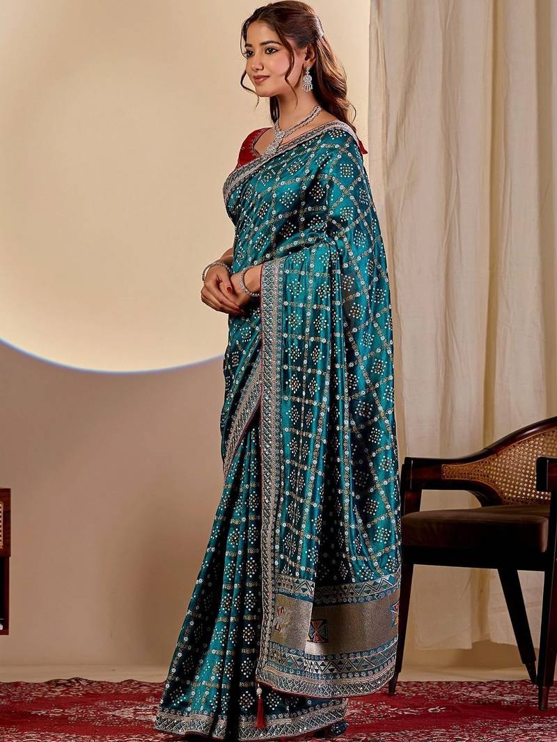 Teal bandhani embroidered silk blend designer saree