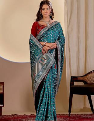 Teal bandhani embroidered silk blend designer saree 3