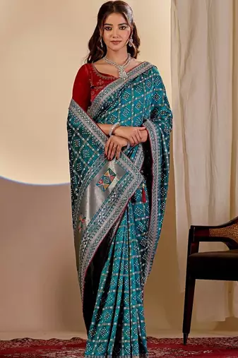 Teal bandhani embroidered silk blend designer saree