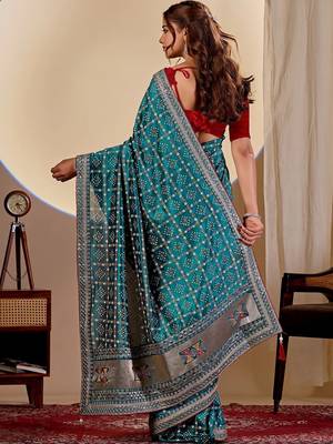 Teal bandhani embroidered silk blend designer saree 5