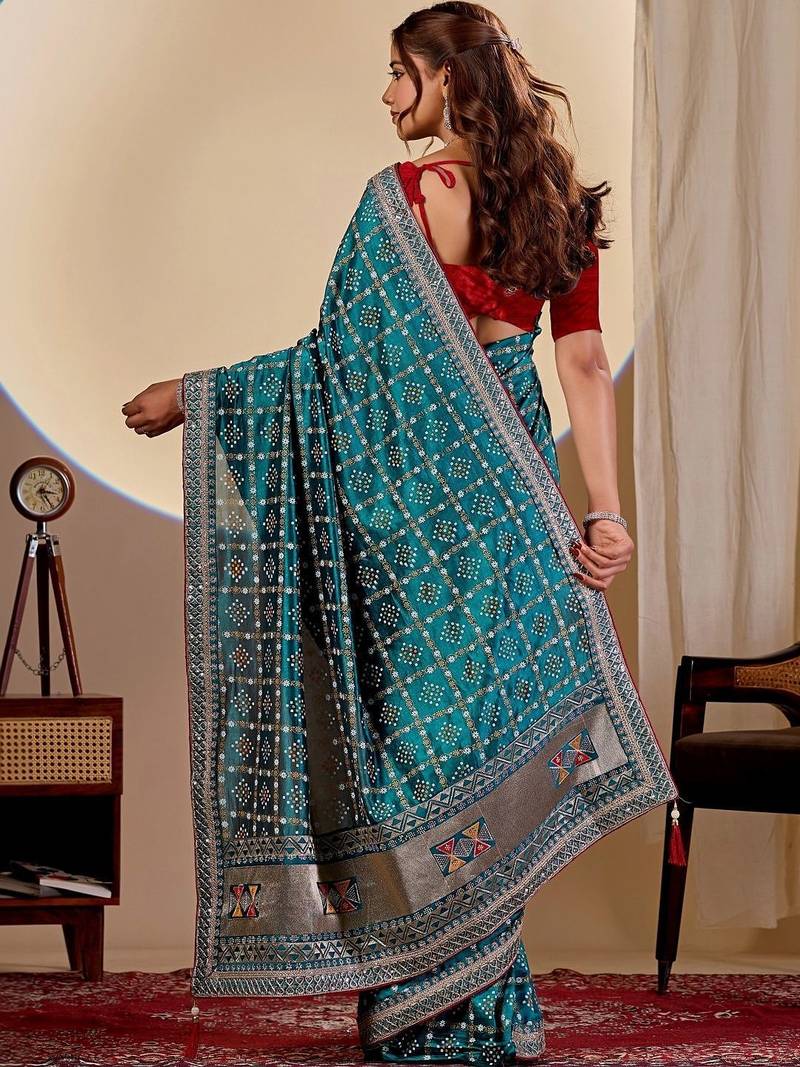 Teal bandhani embroidered silk blend designer saree