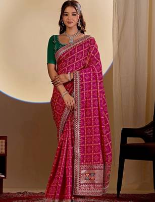 Magenta bandhani embroidered silk blend designer saree 1