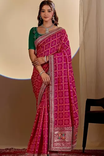 Magenta bandhani embroidered silk blend designer saree