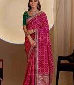 Magenta bandhani embroidered silk blend designer saree