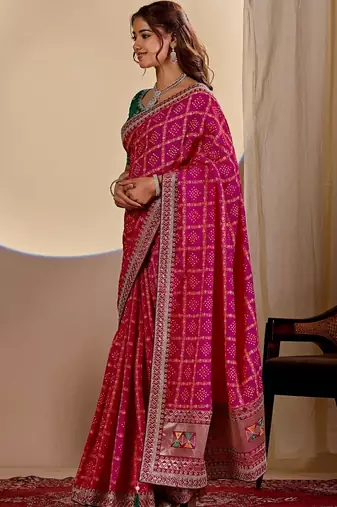 Magenta bandhani embroidered silk blend designer saree