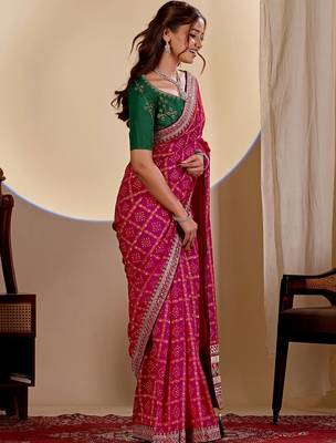 Magenta bandhani embroidered silk blend designer saree 3