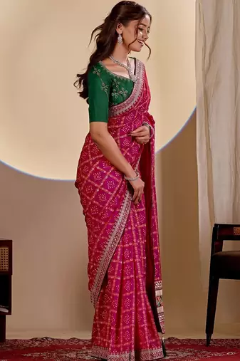 Magenta bandhani embroidered silk blend designer saree