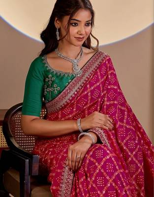 Magenta bandhani embroidered silk blend designer saree 4