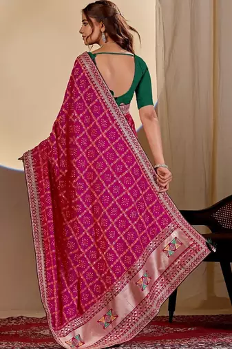 Magenta bandhani embroidered silk blend designer saree