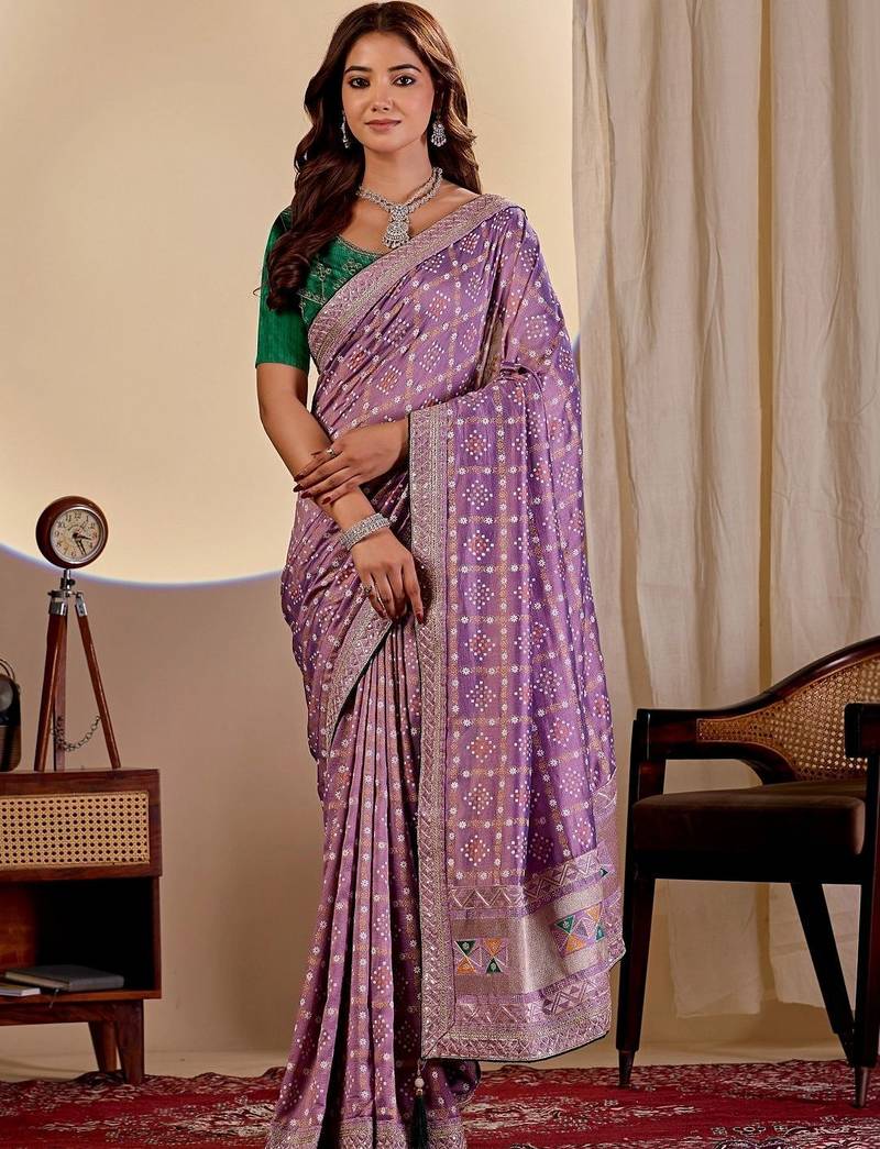 Purple batik embroidered silk blend designer saree