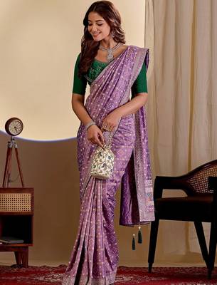 Purple batik embroidered silk blend designer saree 3