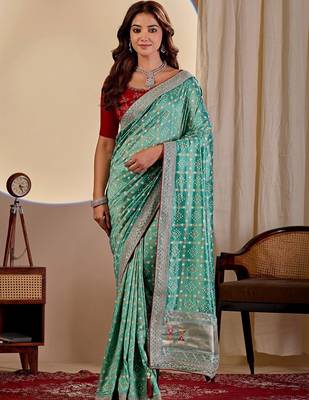 Teal bandhani zari silk blend designer saree 1