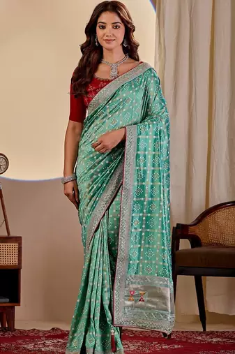 Teal bandhani zari silk blend designer saree