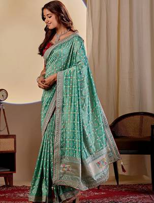 Teal bandhani zari silk blend designer saree 2