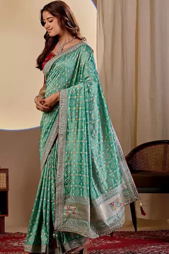 Teal bandhani zari silk blend designer saree