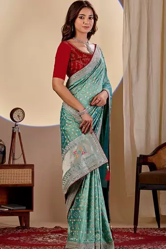 Teal bandhani zari silk blend designer saree