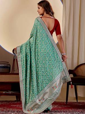 Teal bandhani zari silk blend designer saree 5