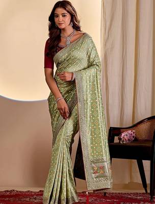 Green woven design zari saree with blouse piece 1