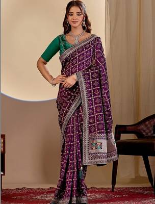Purple bandhani zari silk blend designer saree 1