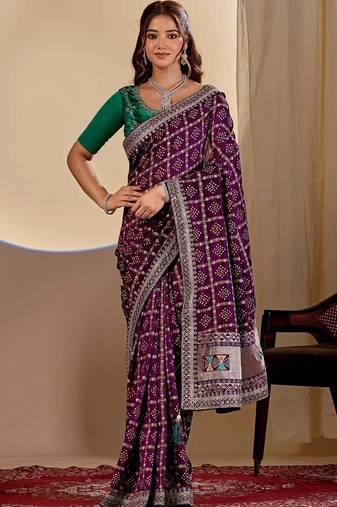 Purple bandhani zari silk blend designer saree