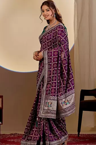 Purple bandhani zari silk blend designer saree