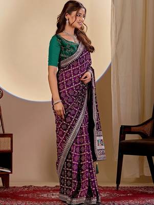 Purple bandhani zari silk blend designer saree 3