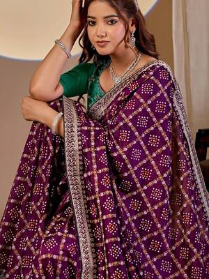 Purple bandhani zari silk blend designer saree 4