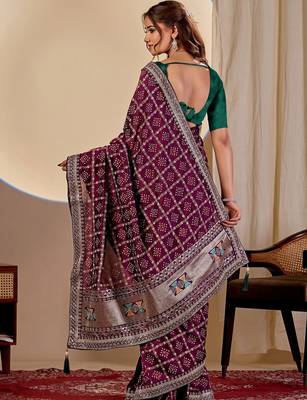 Purple bandhani zari silk blend designer saree 5