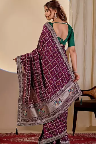 Purple bandhani zari silk blend designer saree