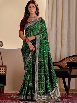Green bandhani zari silk blend designer saree 1