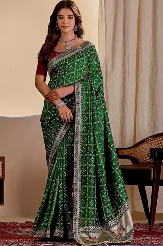 Green bandhani zari silk blend designer saree