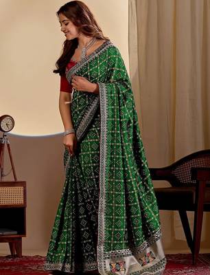 Green bandhani zari silk blend designer saree 2
